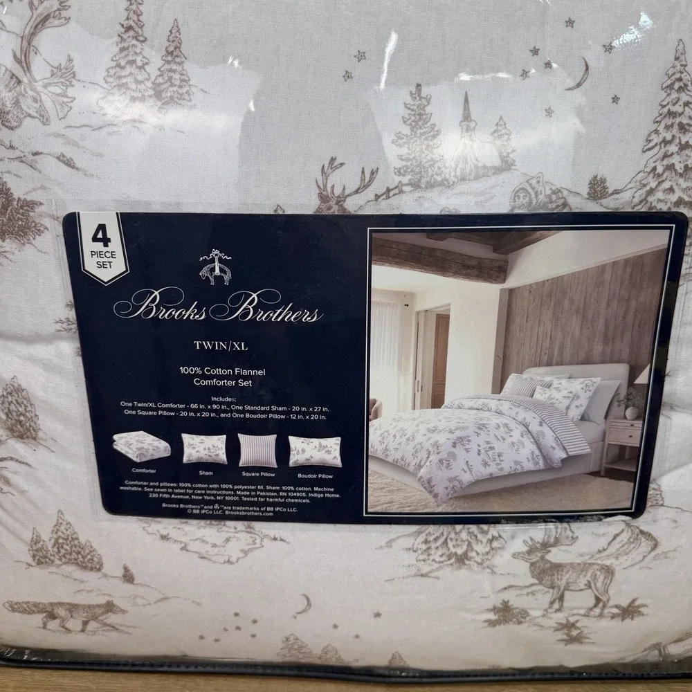 Brooks Brothers 4 Piece Comforter Set Twin XL 100% Cotton Flannel Winter Cabin